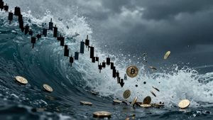 Crashing cryptocurrency market wave with dissolving digital coins.