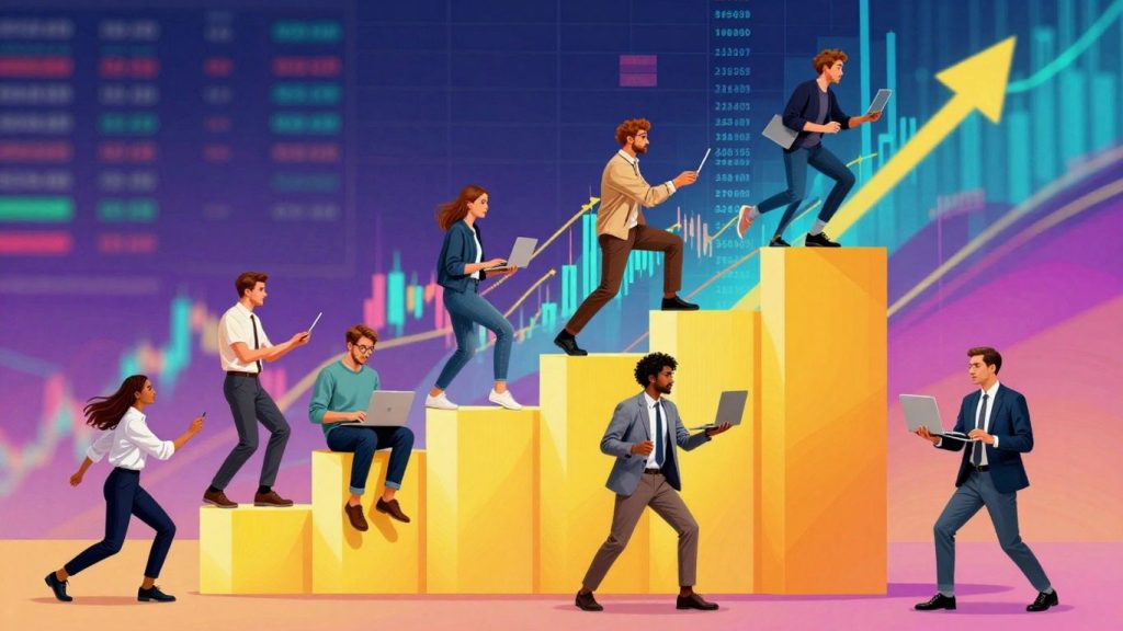 Forex trading professionals and abstract market visuals.