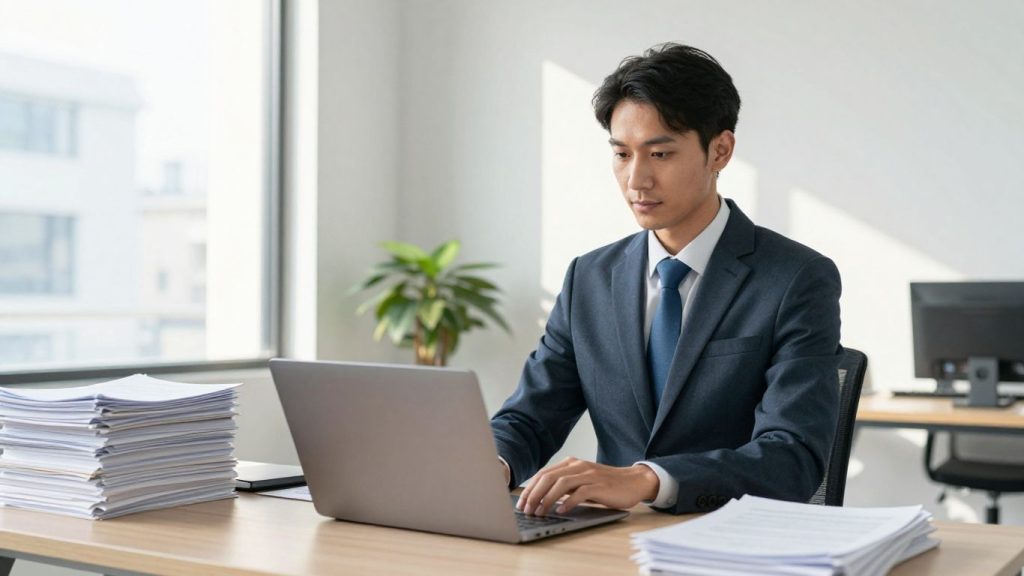 Insurance broker in office, looking towards future earnings.