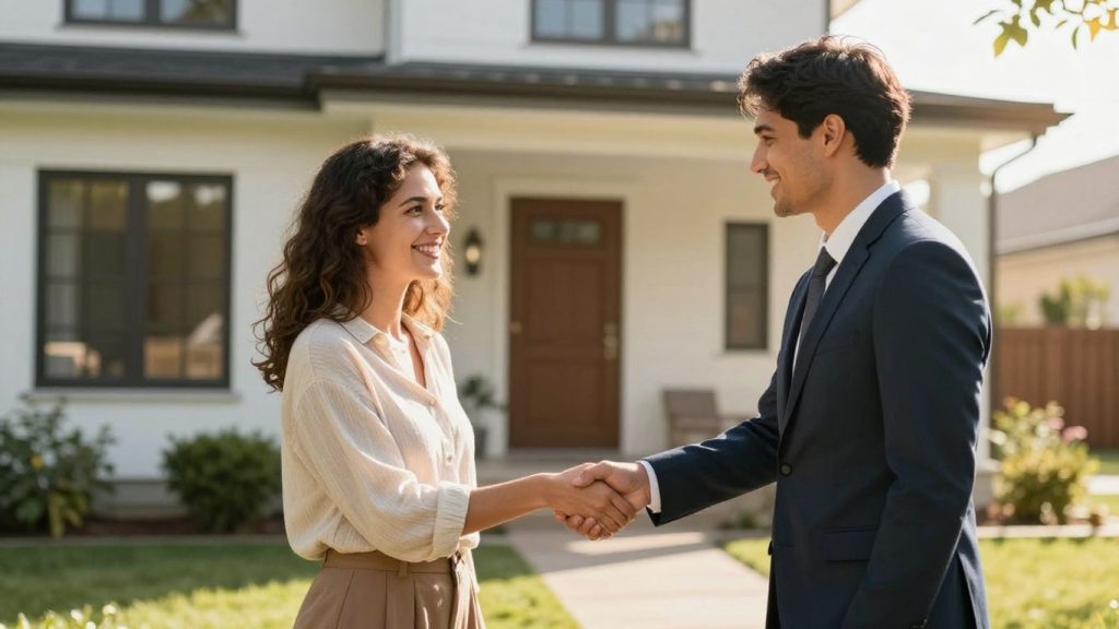 Mortgage broker shaking hands with a happy couple.