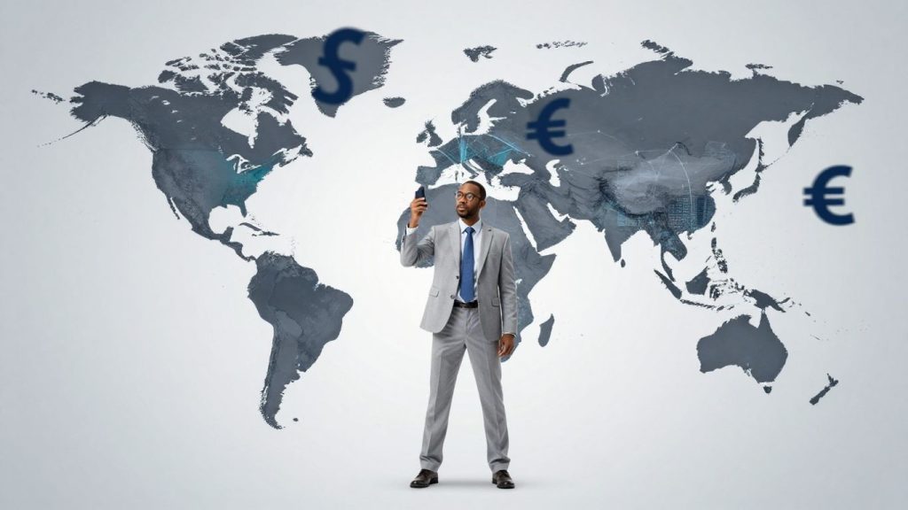 Forex market with currency symbols and globe.