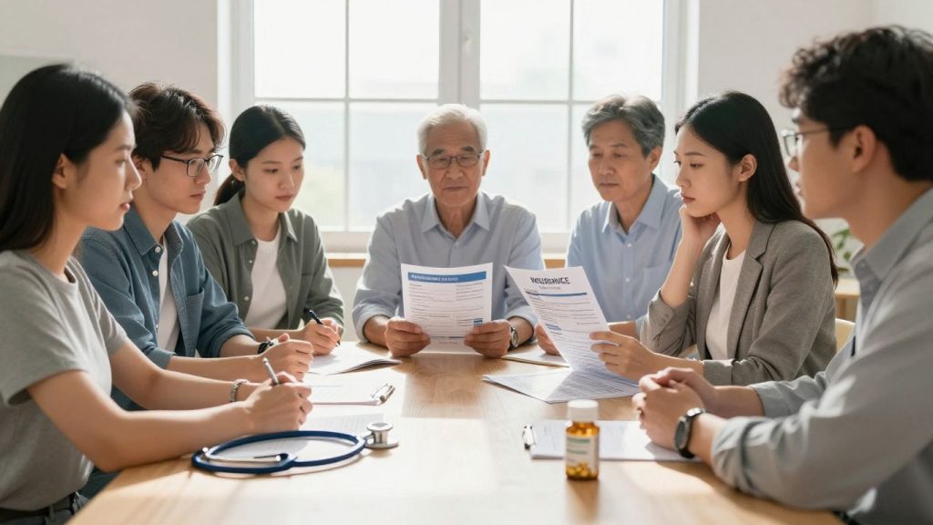 People choosing medical insurance plans with health items.