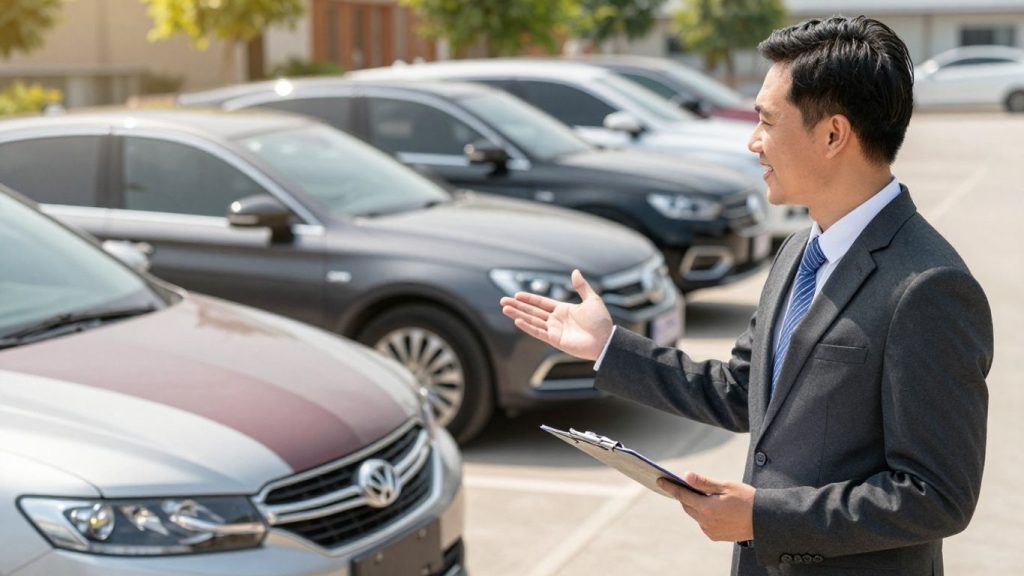 Insurance broker helping choose car insurance options.