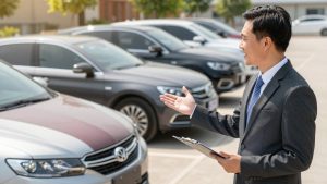 Insurance broker helping choose car insurance options.