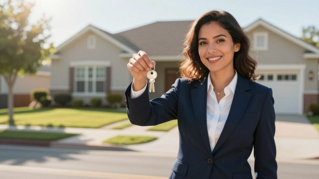 Real estate agent with keys in front of a house.
