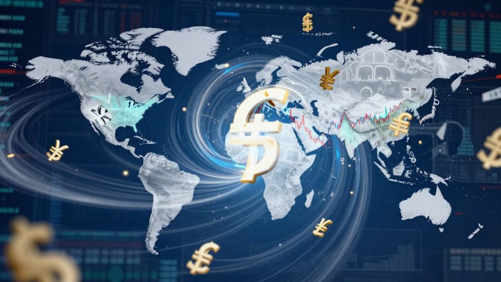 Global financial markets with currency symbols and world map.