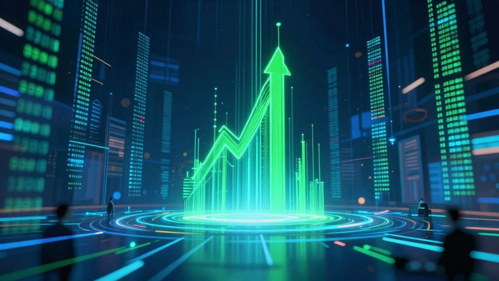 Abstract algorithm icon with glowing data streams on a trading floor.