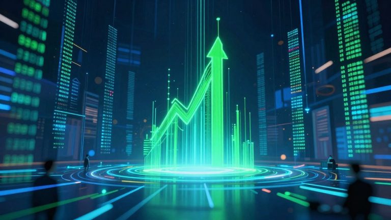 Abstract algorithm icon with glowing data streams on a trading floor.