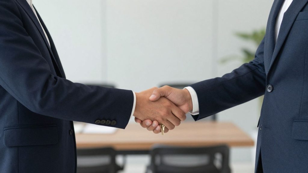 Real estate broker and agent handshake and keys.