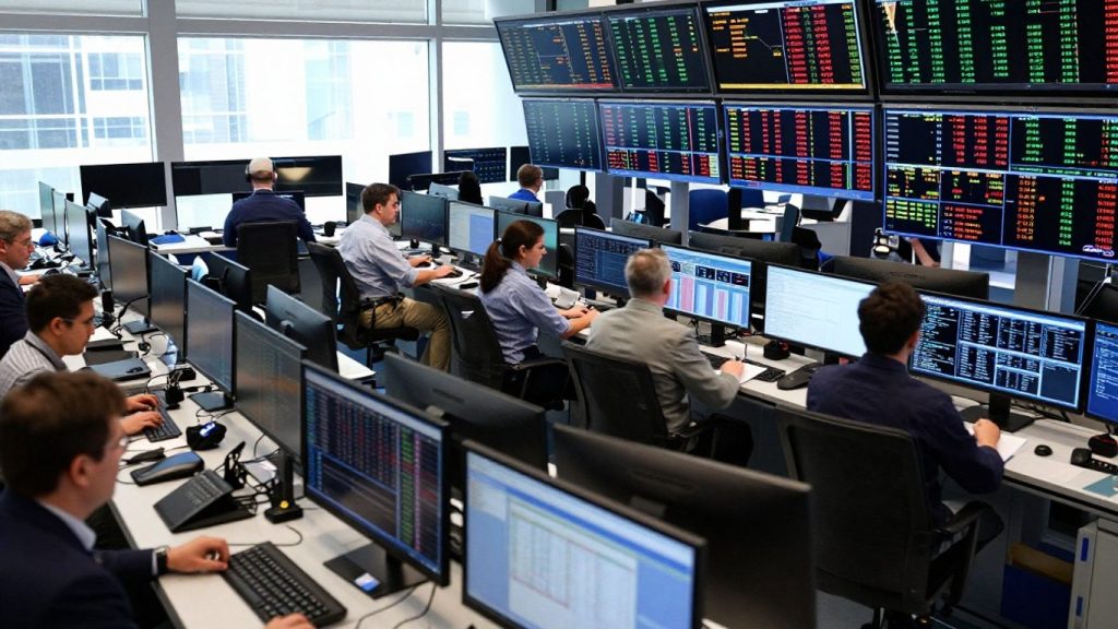 Modern trading floor with monitors and active traders.