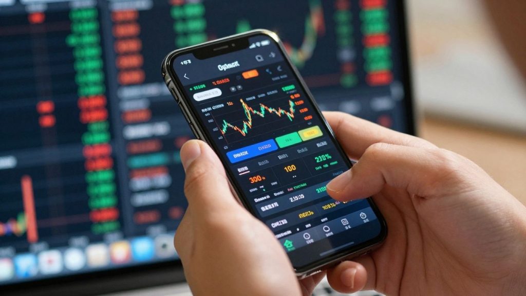 Beginner day trader using a smartphone for stock market.