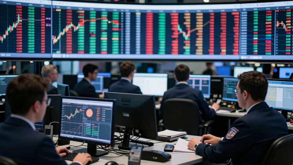 Financial market trading floor with active traders and data streams.