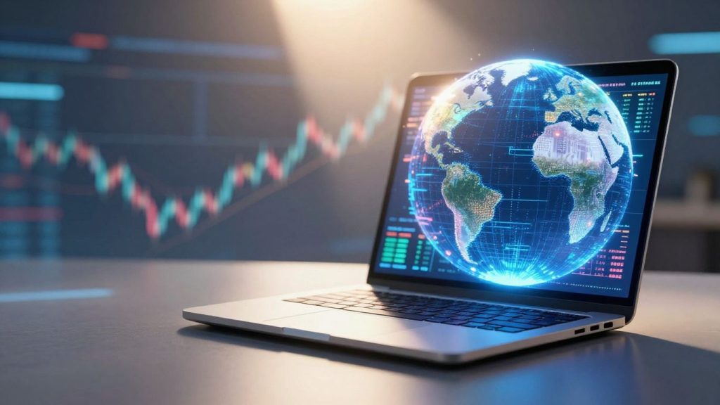 Laptop with abstract financial market on screen.