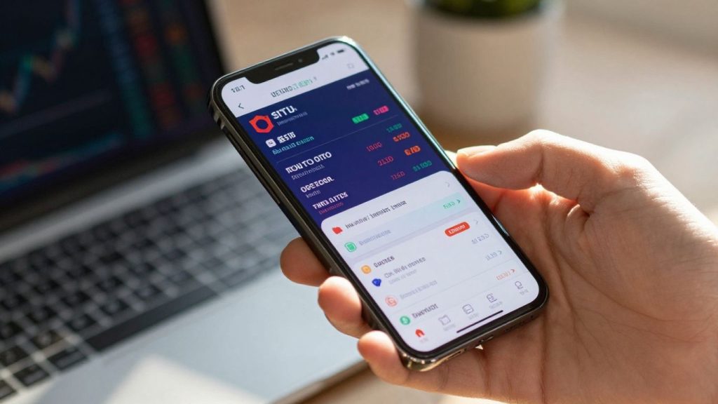 Hands holding a smartphone with a trading interface.